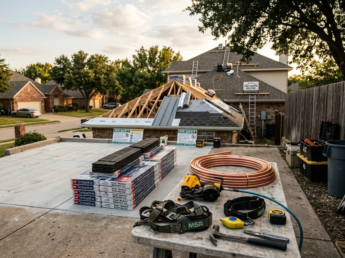 Roofing crew and tools on a residential job site, showcasing professional equipment and work setup.