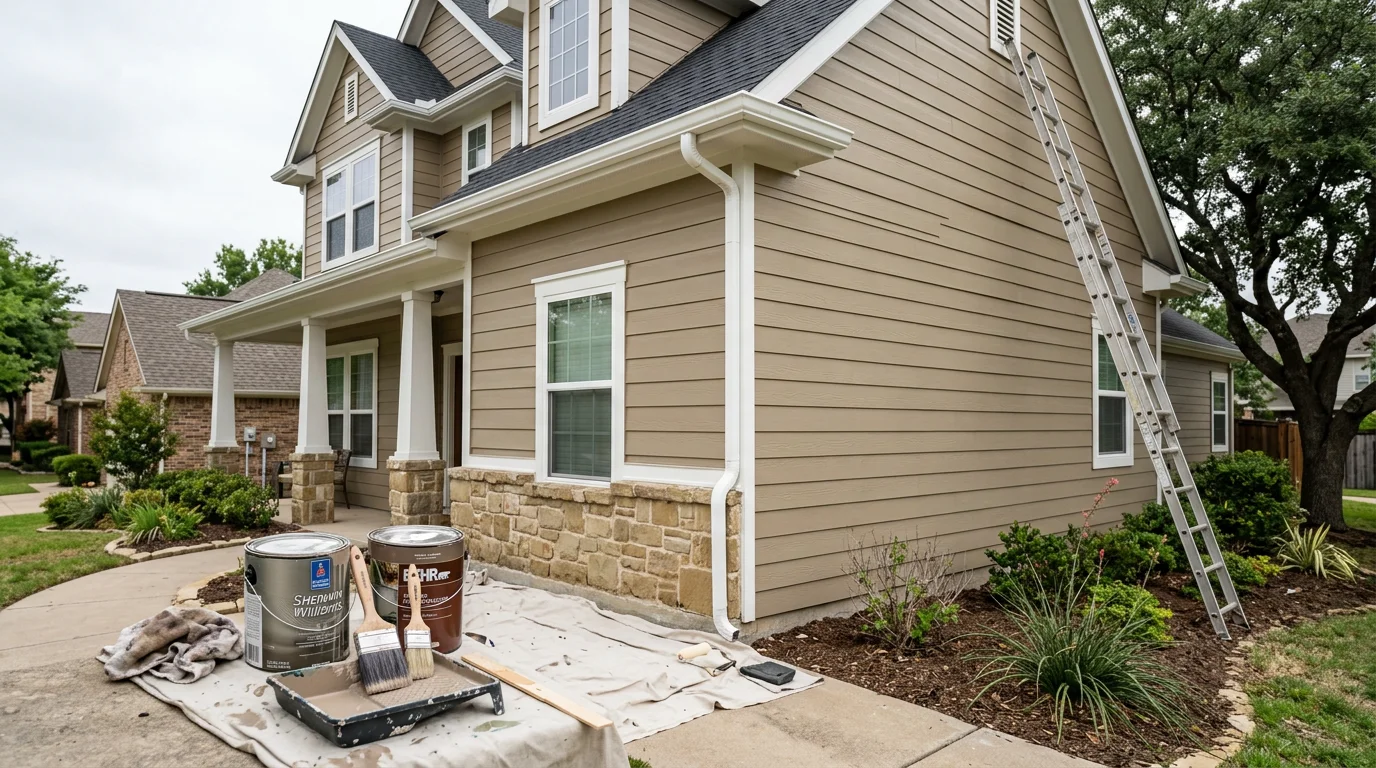 Painter applying fresh exterior paint to a residential home