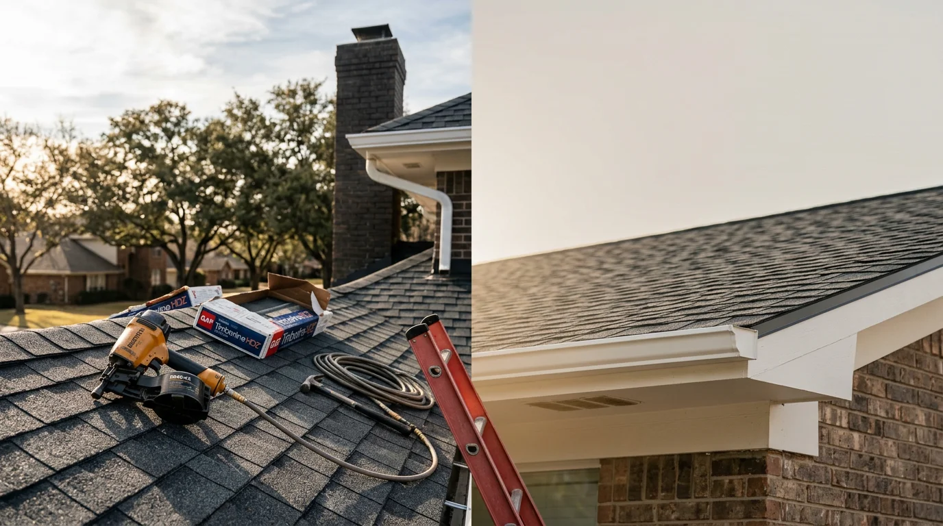 Professional roofer installing asphalt shingles on a residential home in Fort Worth