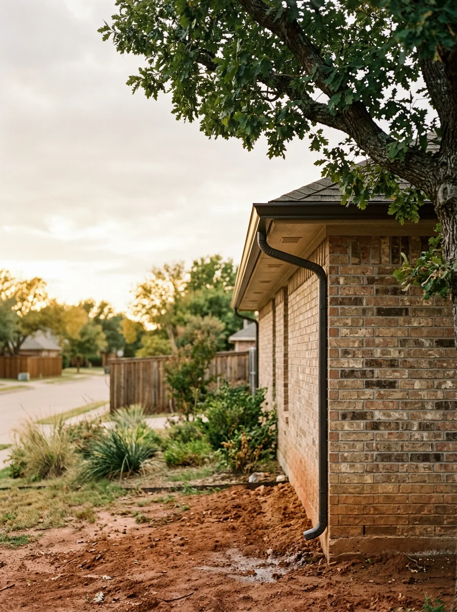 Gutter installation on clay-soil property in Azle showing proper drainage slope