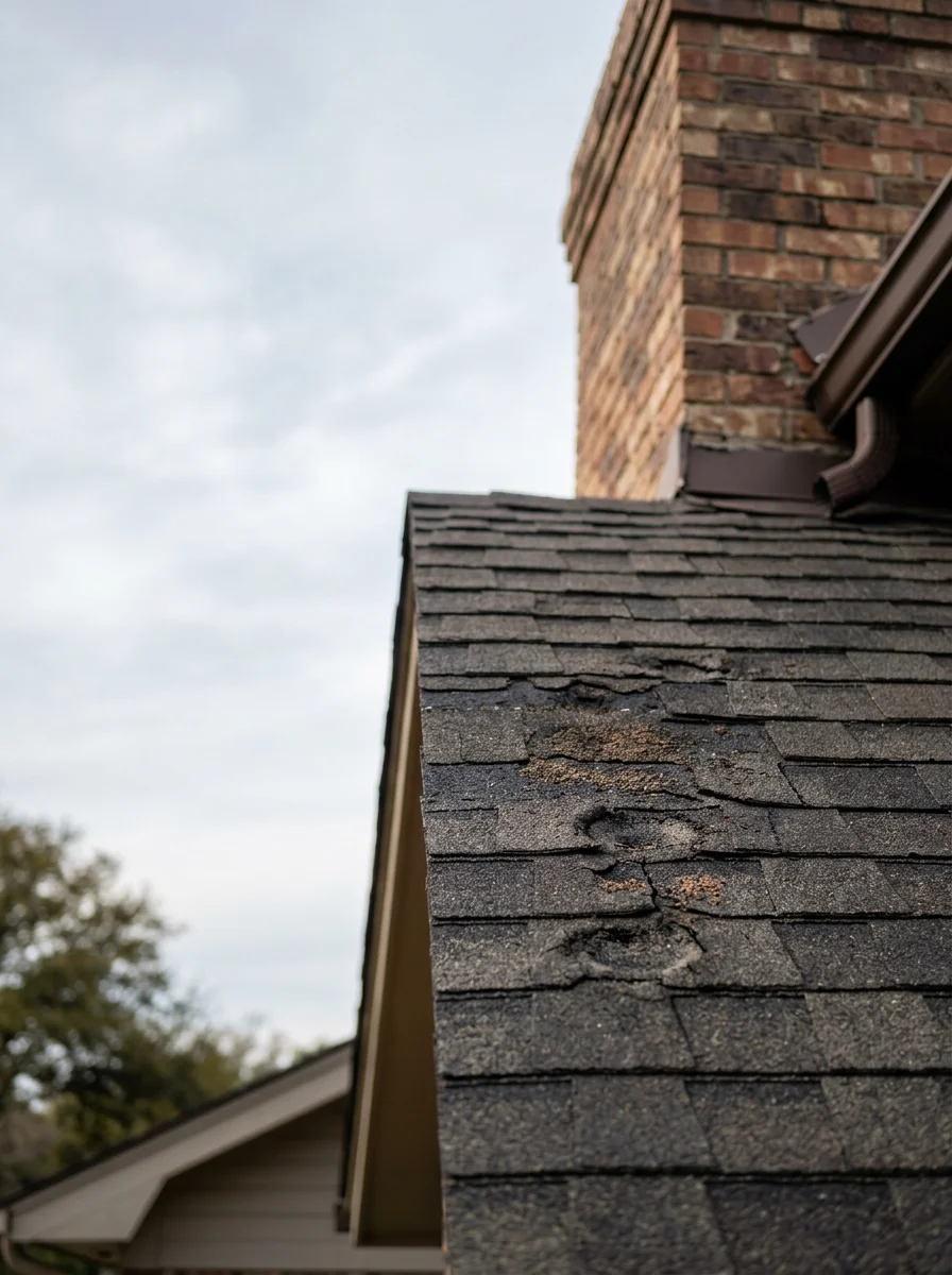 Close-up portrait of a roofer on a Fort Worth home examining granule loss on architectural shingles after a Tarrant County hail storm.