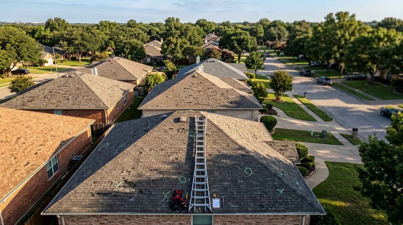 Aerial view of a Fort Worth residential neighborhood showing asphalt shingle rooftops on brick ranch homes with a roofer inspecting hail damage on a steep-slope roof.