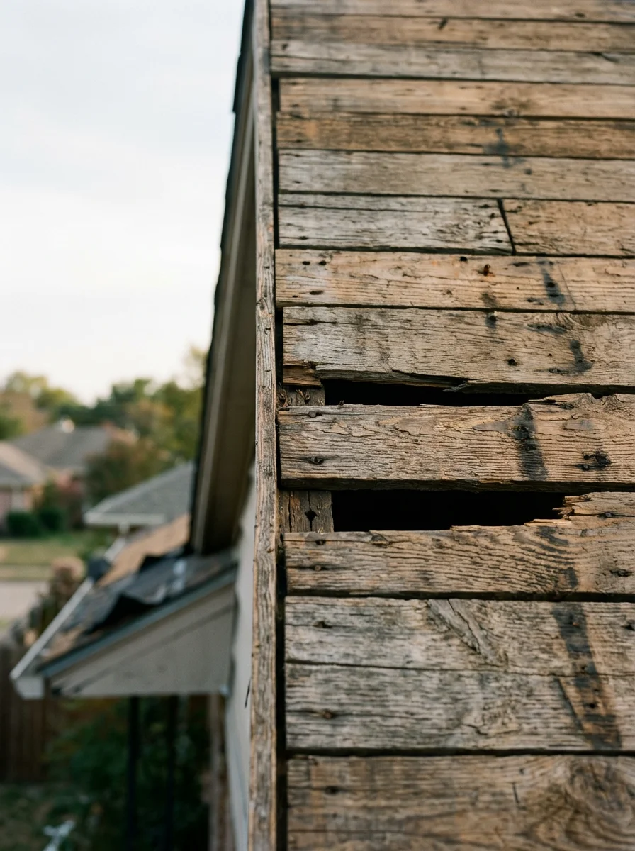 Portrait-format close-up of a roofer examining original plank decking on a Haltom City post-war home during a roof tear-off, showing the gap spacing between planks.