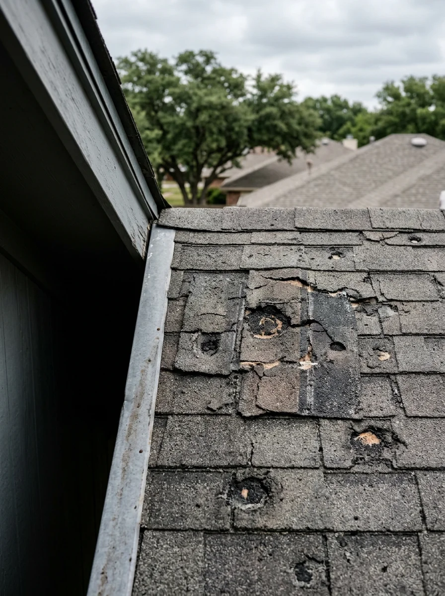 Hail damage on asphalt shingles with visible impact bruising and granule loss