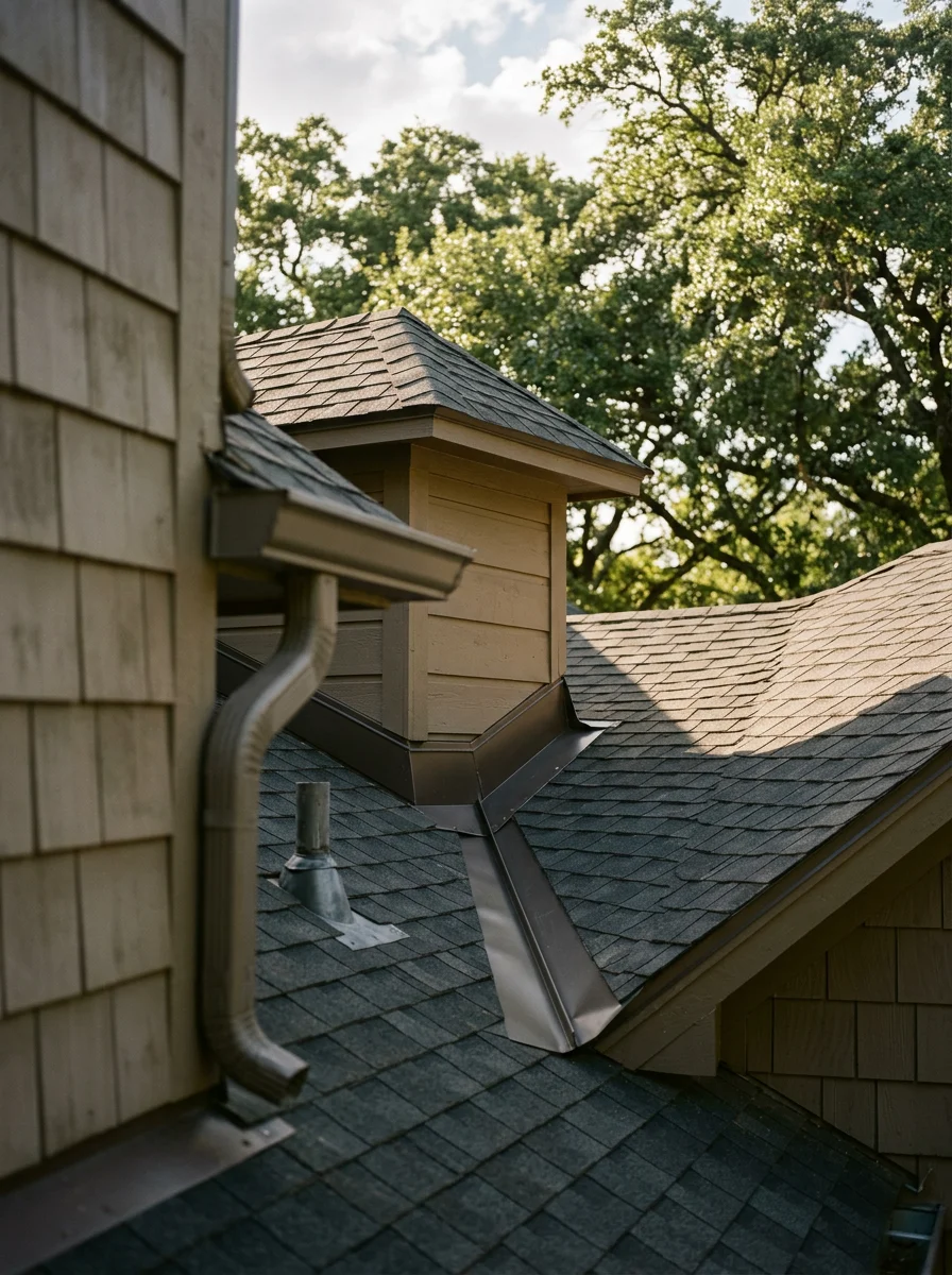 Portrait-format photo of a roofer inspecting flashing at a dormer valley on a large Keller custom home, with a mature oak tree canopy visible in the background.