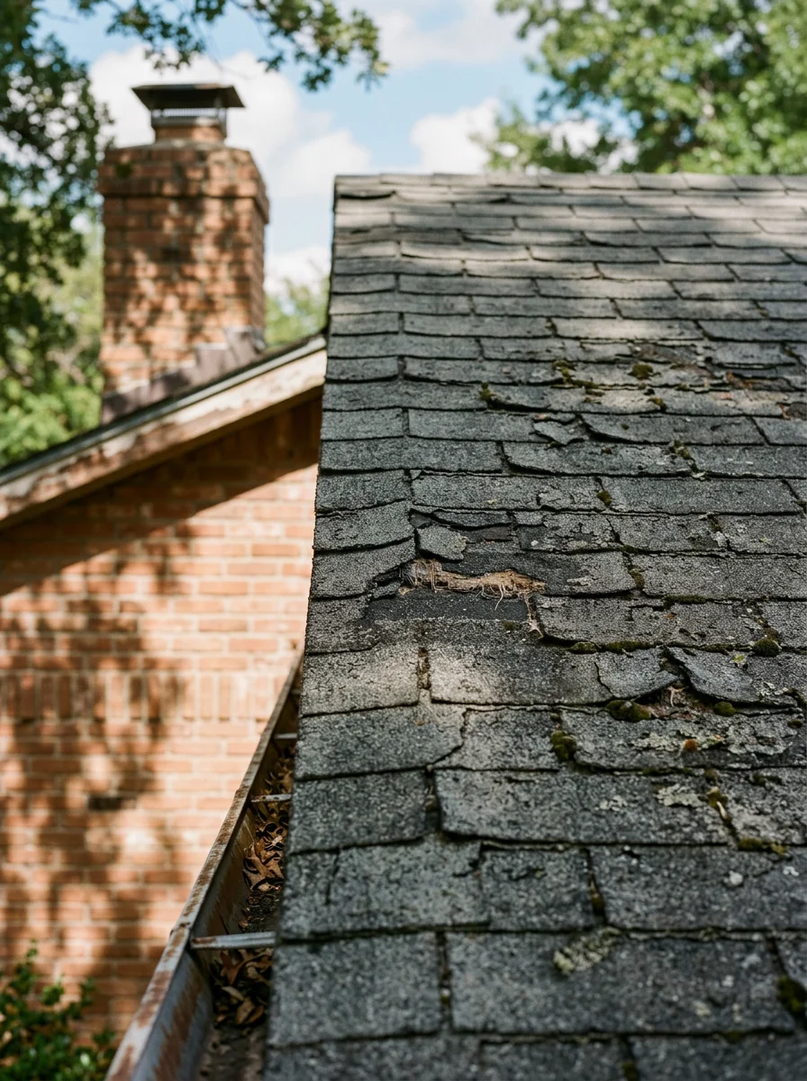 Portrait-format photo of a roofer on a North Richland Hills mid-century brick home examining granule loss and shingle cracking on a weathered asphalt roof.