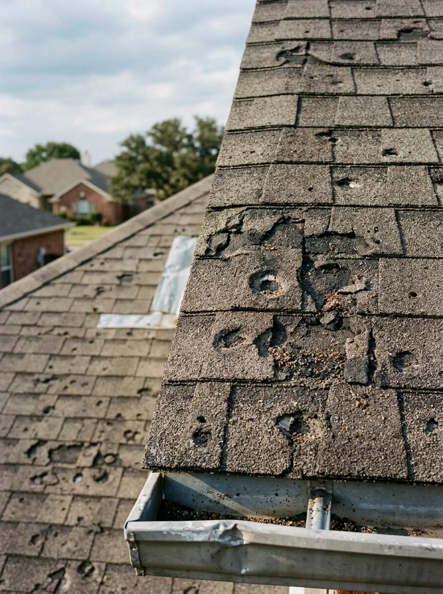 Close-up of hail damage on asphalt shingles showing granule loss and bruising, with dented metal gutter visible