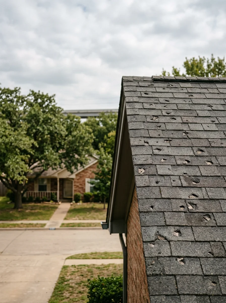 Portrait-format photo of a roofer inspecting hail damage on an architectural shingle roof in a Saginaw neighborhood, with the open I-35W corridor visible in the background.