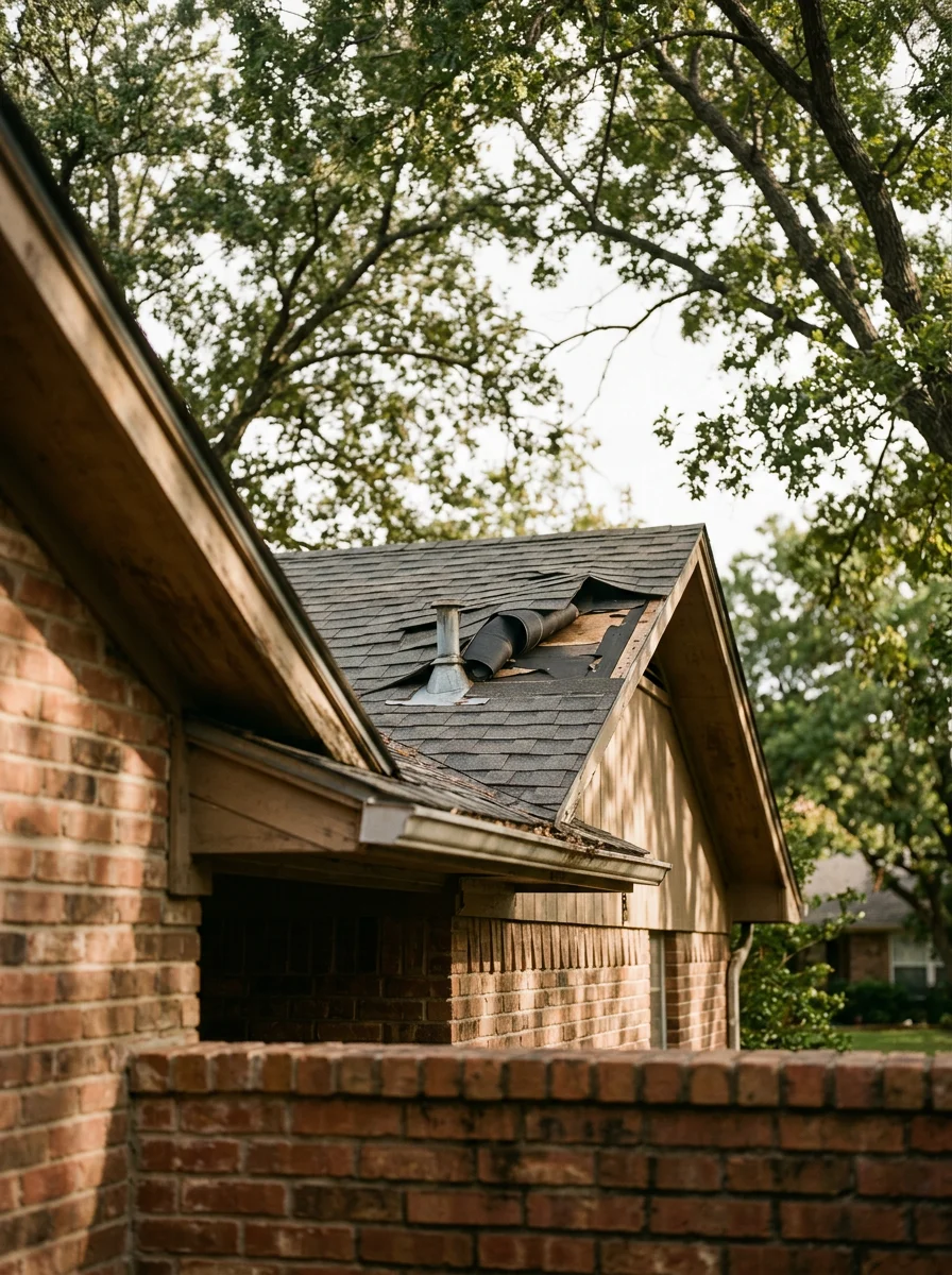Portrait-format photo of a roofer inspecting wind uplift damage at the ridge and eaves of a brick ranch home in a Weatherford neighborhood with mature tree canopy.