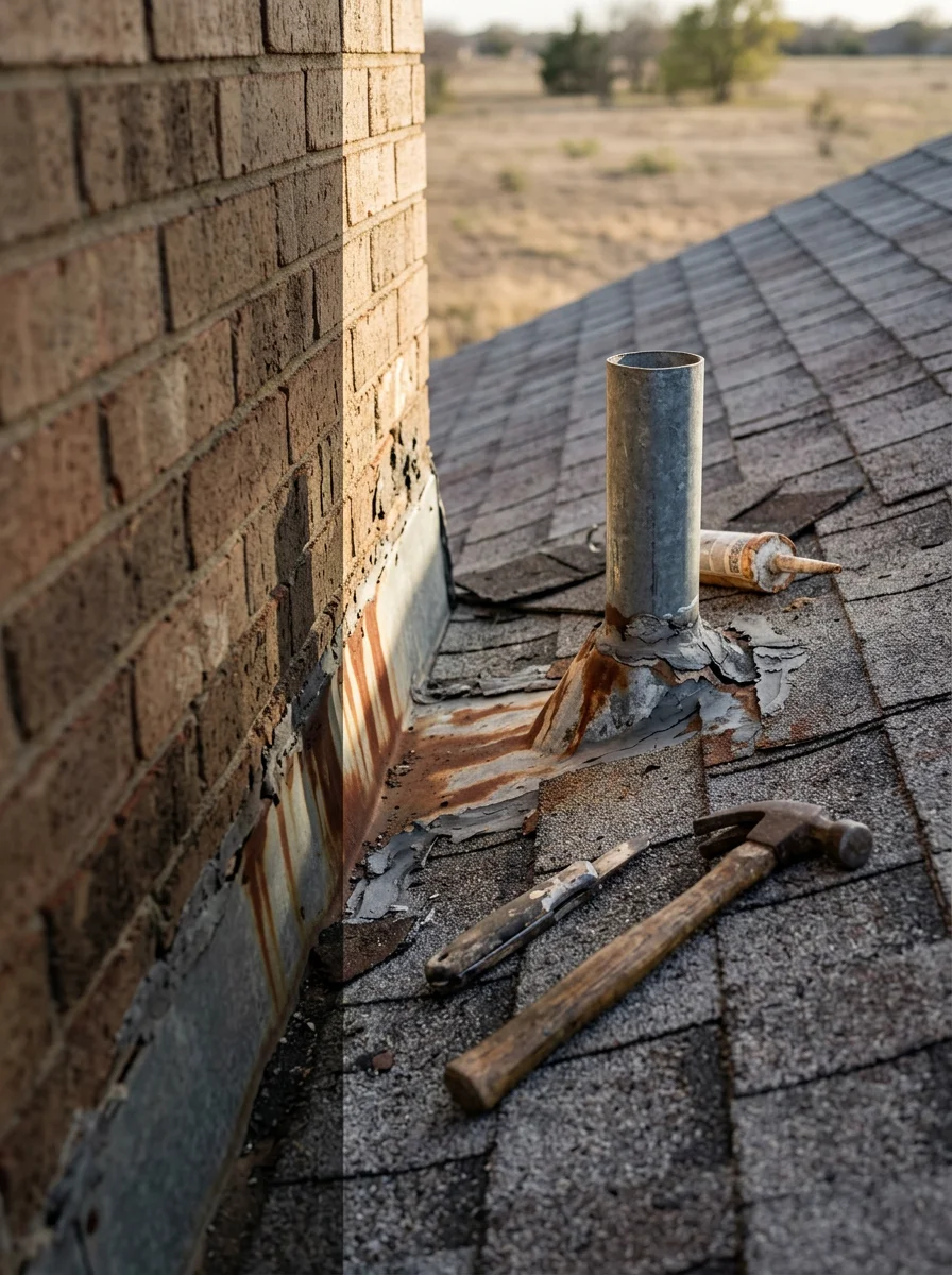 Portrait-format photo of a roofer examining deteriorated flashing at a roof penetration on a White Settlement 1970s-era home, with the flat terrain of western Tarrant County visible in the background.