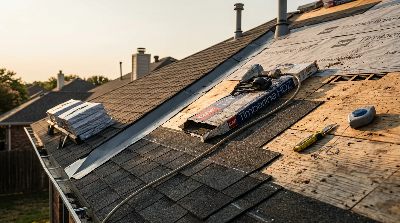 A Fort Worth residential home with a freshly installed asphalt shingle roof, showing clean shingle lines and new ridge cap against a clear Texas sky. Close view of the roof slope highlights uniform shingle alignment and flashing detail around the chimney.