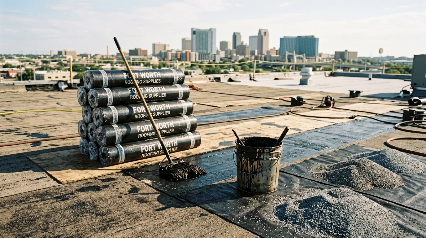 A completed built-up roofing installation on a flat commercial roof in Fort Worth, Texas, showing a gravel-surfaced multi-ply membrane with clean edges and finished flashing details. The finished BUR system covers the full low-slope deck of a local building under a clear North Texas sky.