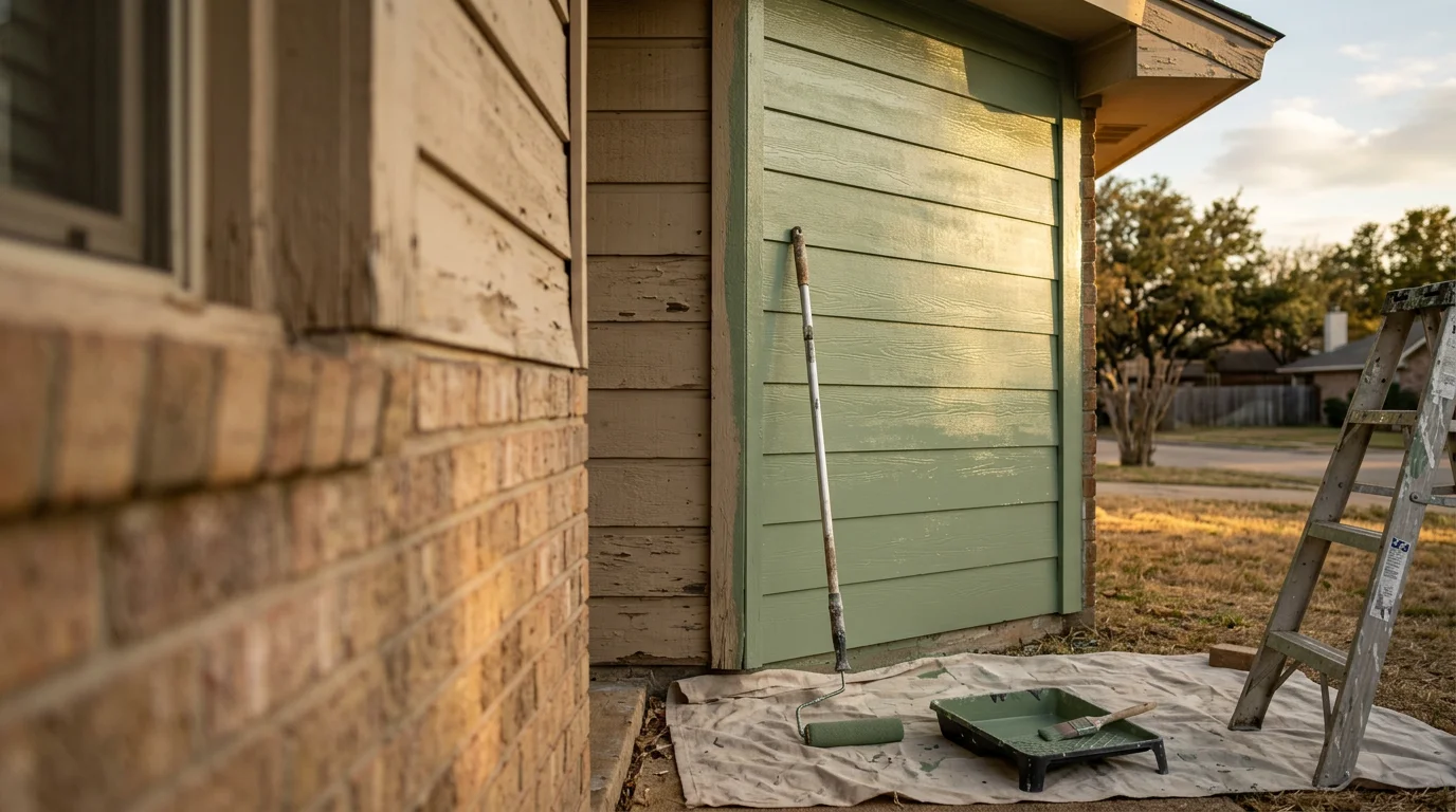 Freshly painted single-family home exterior in Fort Worth, Texas, with clean siding and sharp color contrast on trim. A family-owned painting crew completes finish work on a residential street typical of the North Texas area.