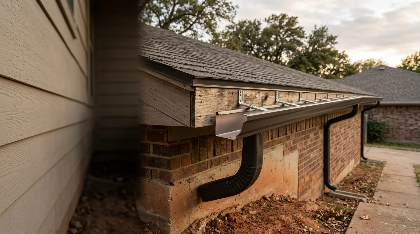 Newly installed gutters running along the roofline of a single-story home in Fort Worth, Texas. Downspouts direct water away from the foundation toward the yard.
