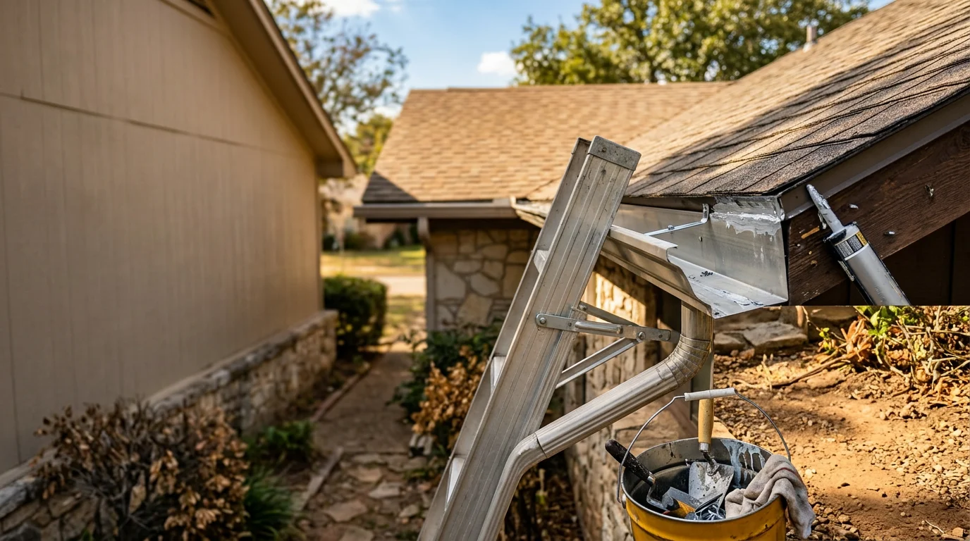 A repaired gutter section on a Fort Worth home with resealed joints and secured hangers running along the roofline. The downspout directs water away from the foundation on a residential property in North Texas.