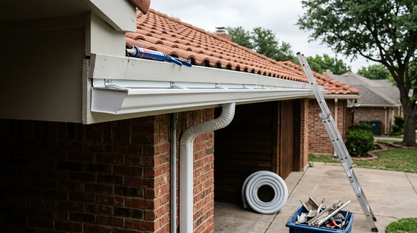 Old, sagging gutters being removed from a single-story Fort Worth home, with a new gutter system staged for installation along the roofline. Close-up shows separated fascia and rust damage on the original gutters.