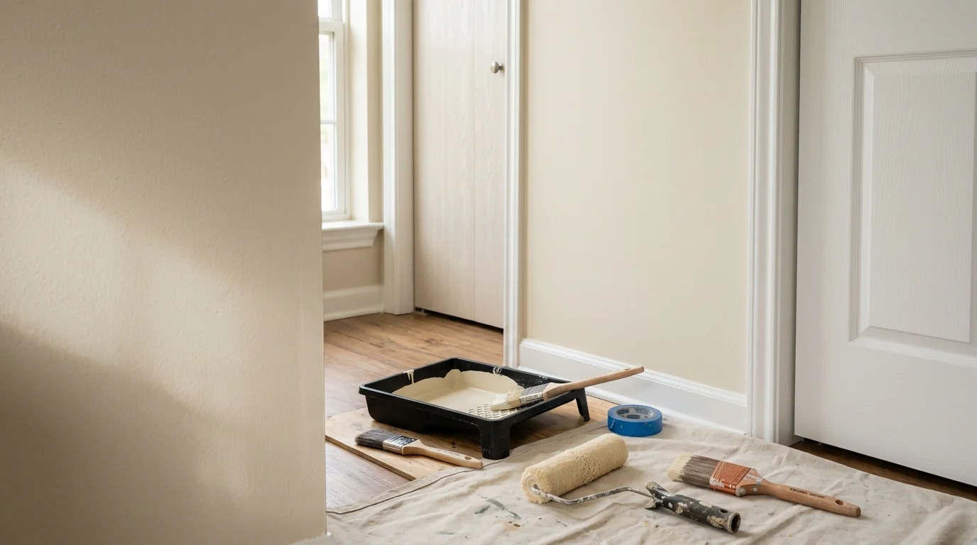 A freshly painted interior living room in a Fort Worth home showing smooth, even wall coverage in a neutral color. Clean lines meet the ceiling and baseboards throughout the room.