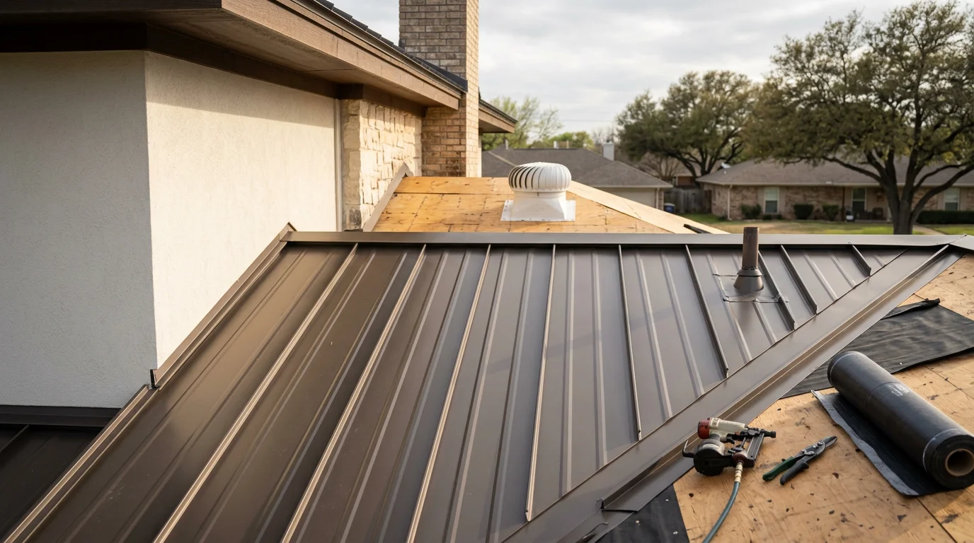 Completed standing seam metal roof installation on a residential home in Fort Worth, Texas, showing clean panel lines and finished ridge and eave trim under a clear sky.