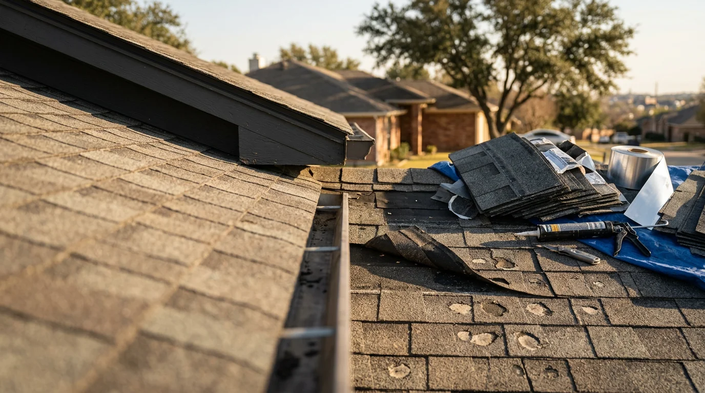 A North Texas Roofing crew member inspecting storm-damaged shingles on a residential roof in Fort Worth, Texas. Close-up view shows hail impact marks and lifted shingle edges typical of North Texas storm damage.