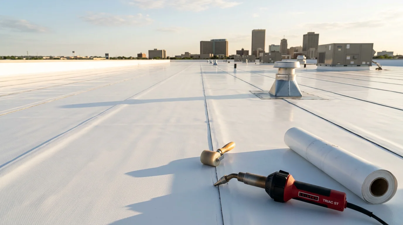 A completed TPO membrane roof on a flat residential structure in Fort Worth, Texas, showing bright white reflective surface and clean heat-welded seam lines. The surrounding neighborhood and clear Texas sky are visible in the background.