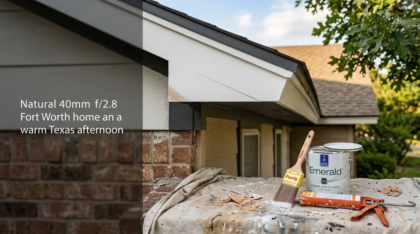 Freshly painted white exterior trim on a Fort Worth home, showing clean lines along window casings and fascia boards against a brick exterior. Close-up detail of smooth, even coverage on door frame molding with no drips or brush marks visible.