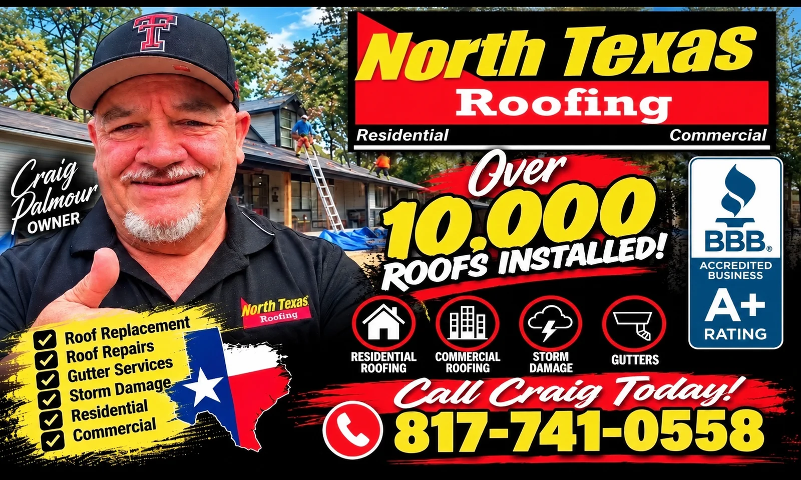 Craig Palmour, Owner of North Texas Roofing — Over 10,000 Roofs Installed, BBB A+ Rated, Residential & Commercial Roofing, Gutters, Storm Damage. Call 817-741-0558